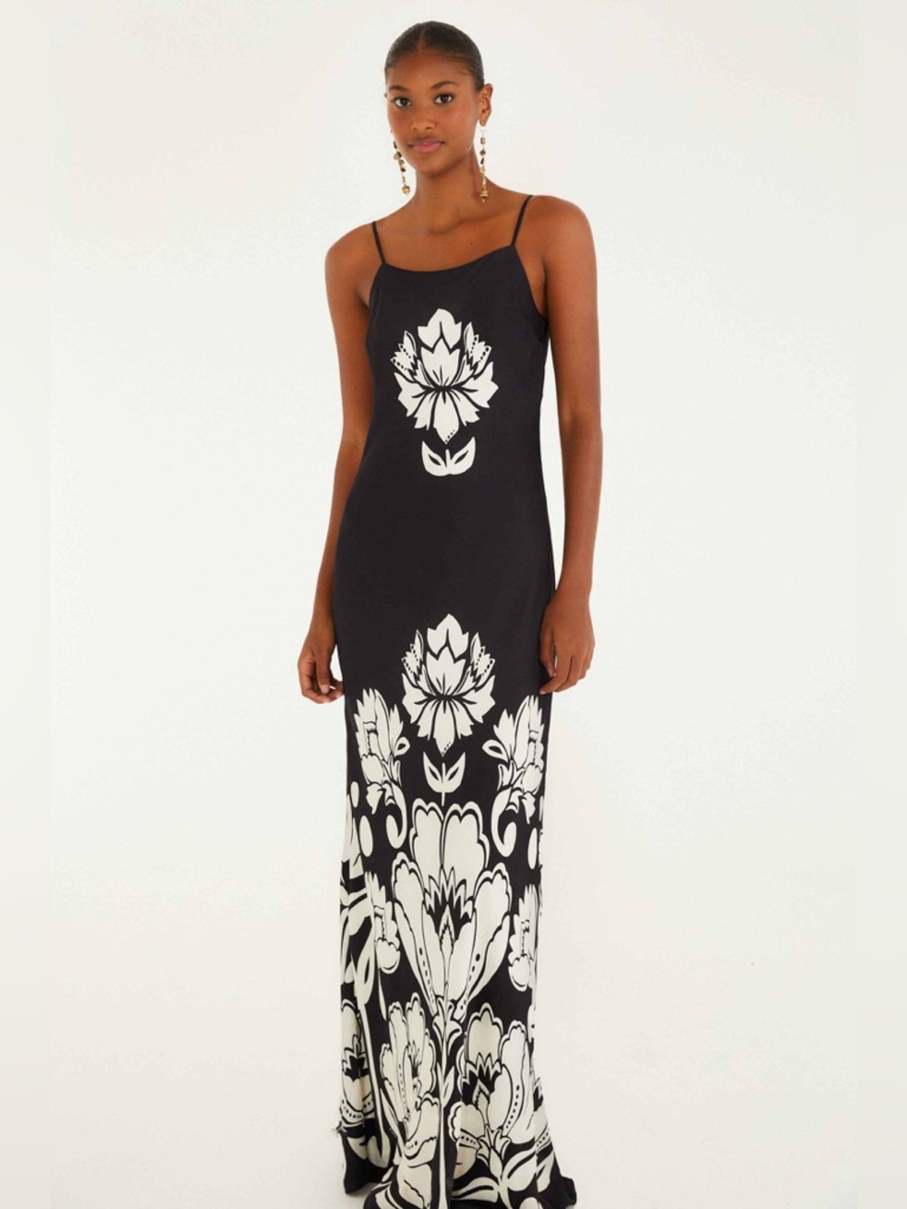 FARM Rio Black Maxi Slip Dress with Cream Floral Print